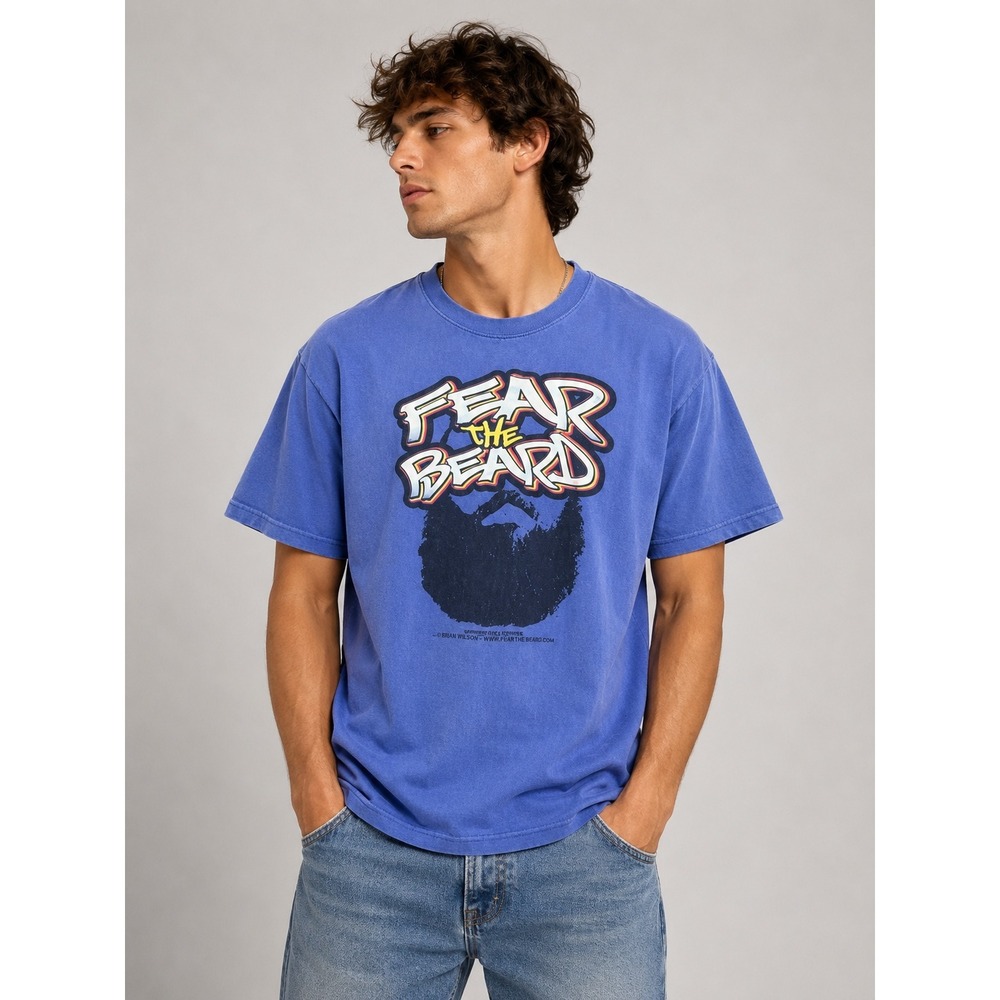Fear‎ The Beard Graphic T-Shirt Blue Short Sleeve Crewneck Mens XL Brian Wilson